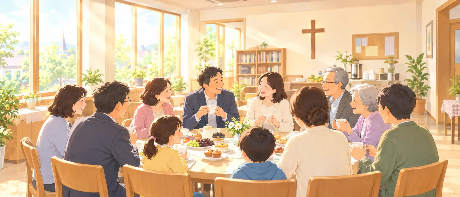 햇살이 드는 교회 친교실에서 여러 세대의 성도들이 둥근 테이블에 모여 차를 마시며 담소를 나누는 모습을 그린 일러스트